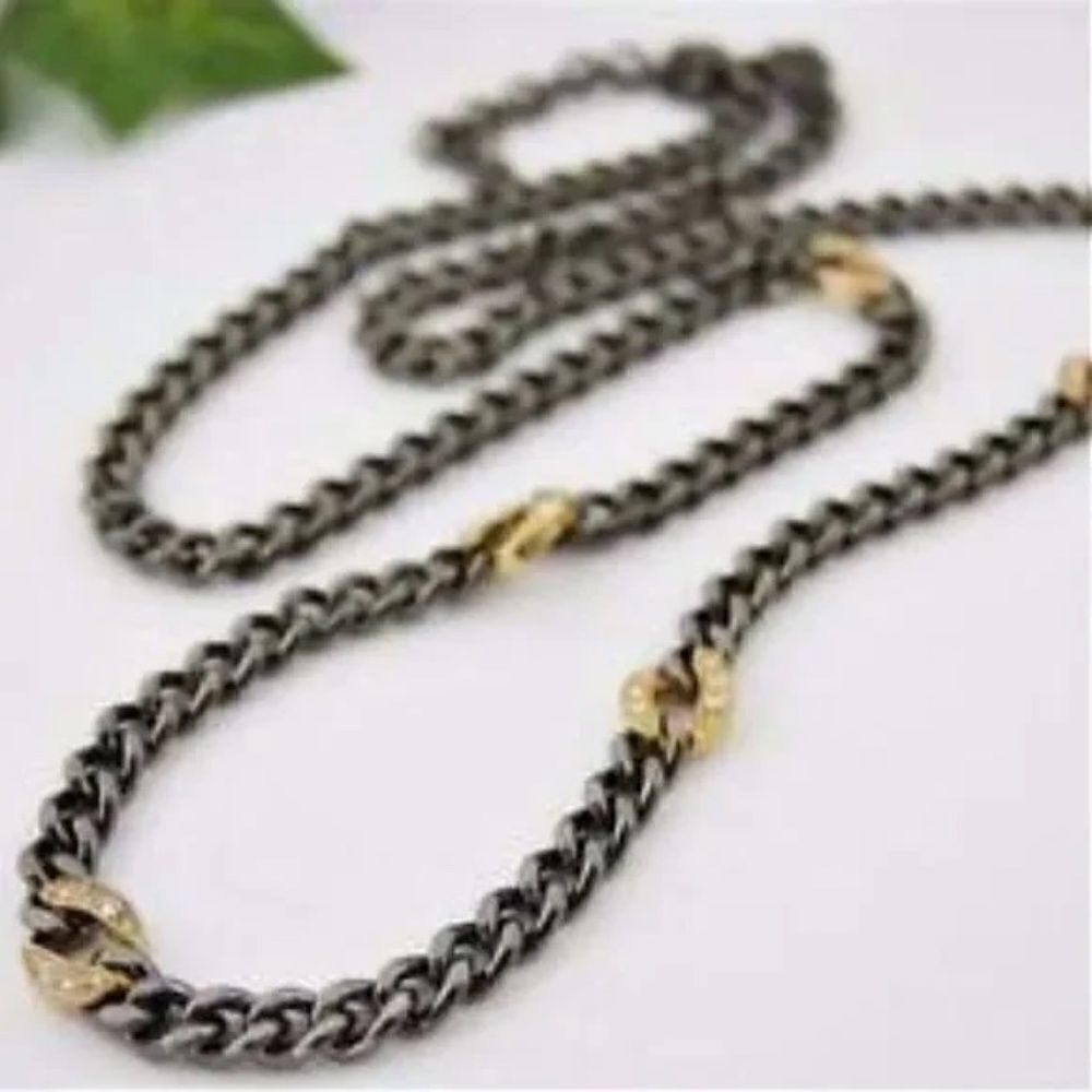 Stella & Dot Gunmetal Hematite Chain Link Necklace Gold Pave Accents Retired